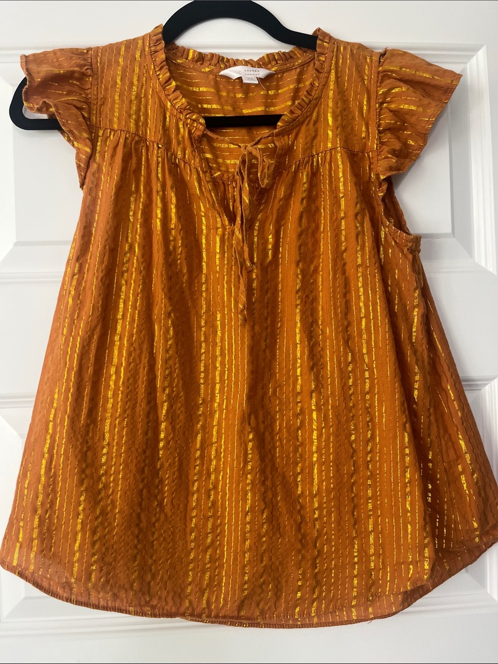 LC Lauren Conrad Metallic Stripe Flutter-Sleeve Blouse in Amber Gold